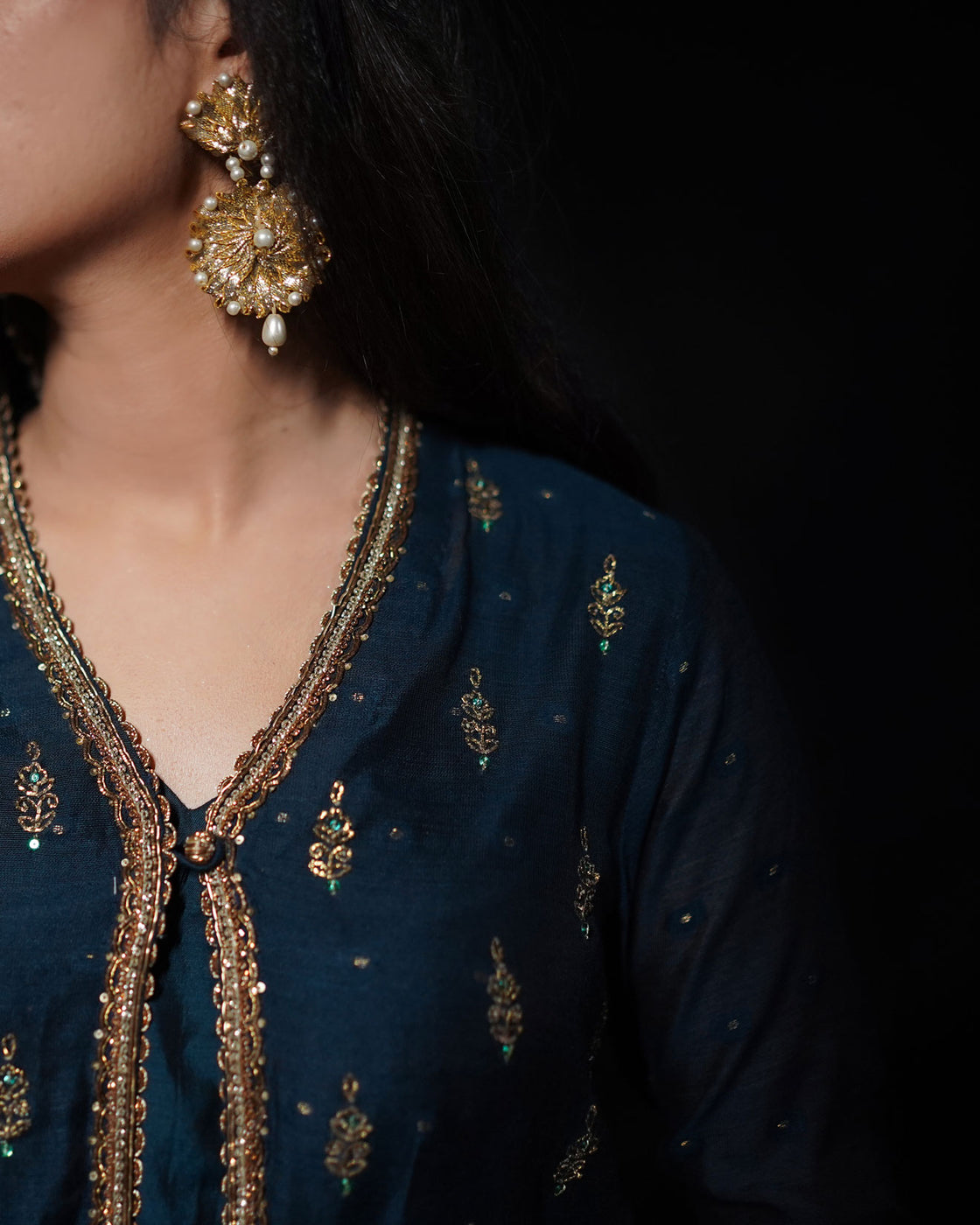 3 PIECE EMBROIDERED COTTON SILK SUIT - Navy Blue