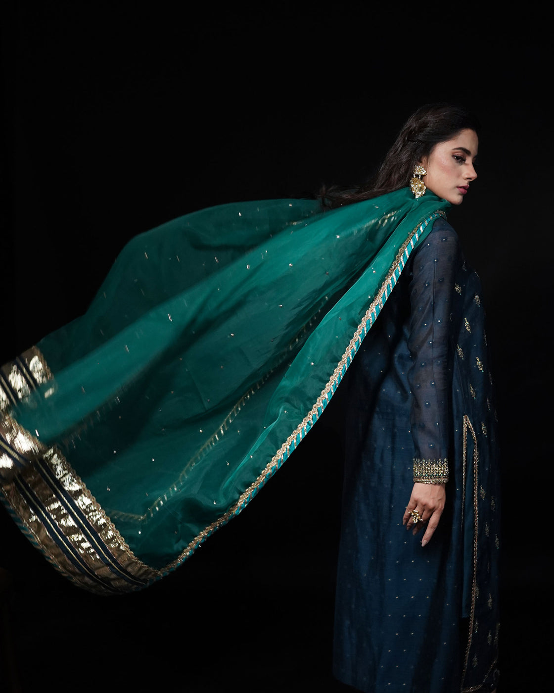 3 PIECE EMBROIDERED COTTON SILK SUIT - Navy Blue