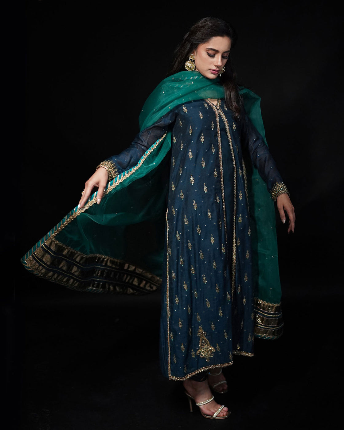 3 PIECE EMBROIDERED COTTON SILK SUIT - Navy Blue