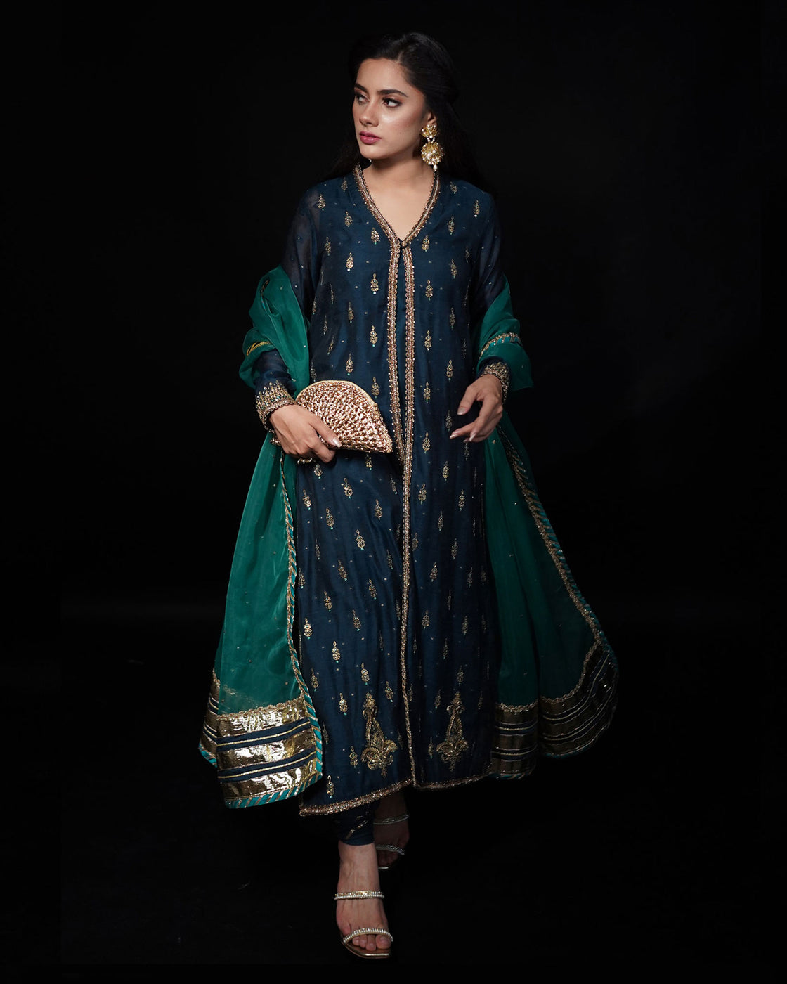3 PIECE EMBROIDERED COTTON SILK SUIT - Navy Blue
