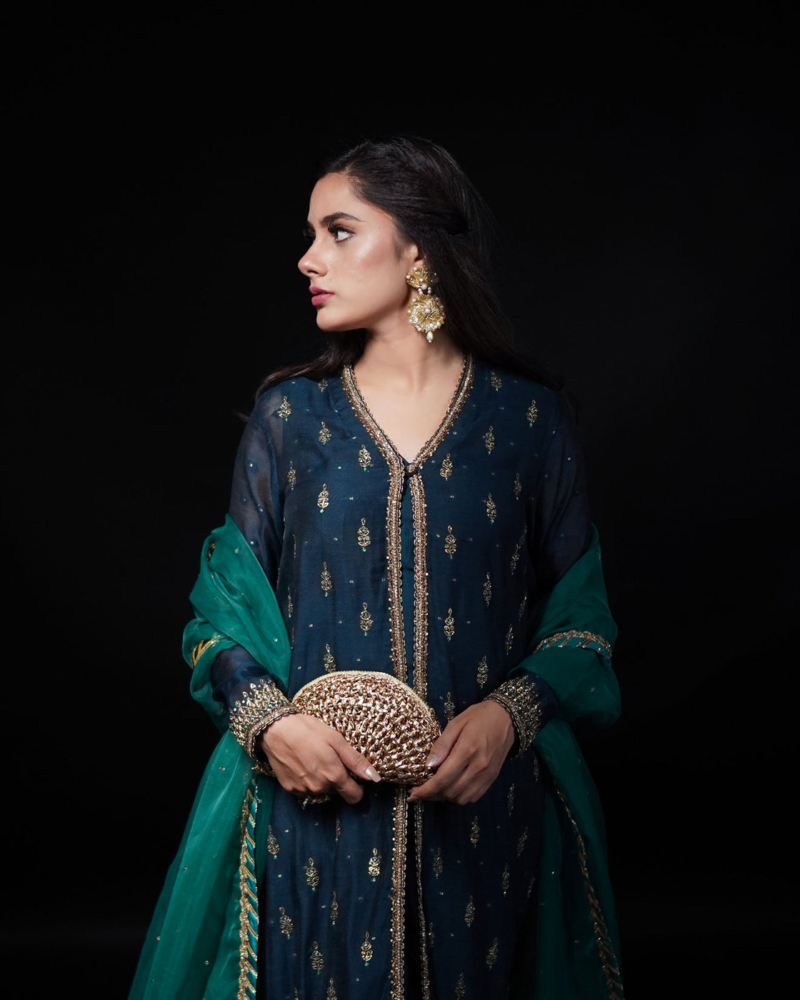 3 PIECE EMBROIDERED COTTON SILK SUIT - Navy Blue