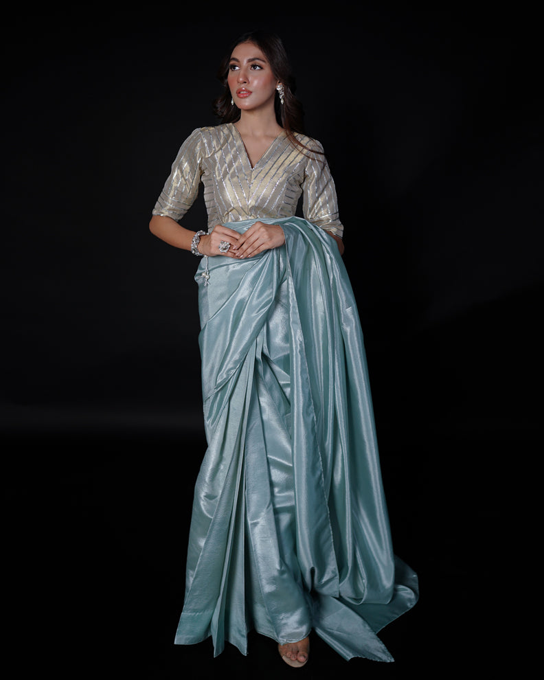 2 PIECE EMBROIDERED TISUUE SILK SAREE - Ice Blue