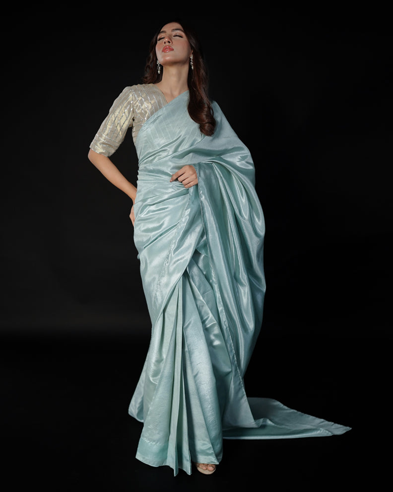 2 PIECE EMBROIDERED TISUUE SILK SAREE - Ice Blue