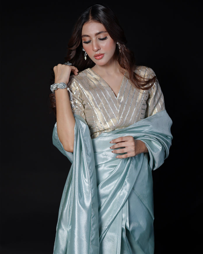 2 PIECE EMBROIDERED TISUUE SILK SAREE - Ice Blue