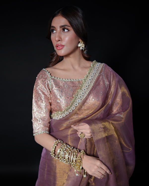 2 PIECE EMBROIDERED MESSURI SAREE - Pink