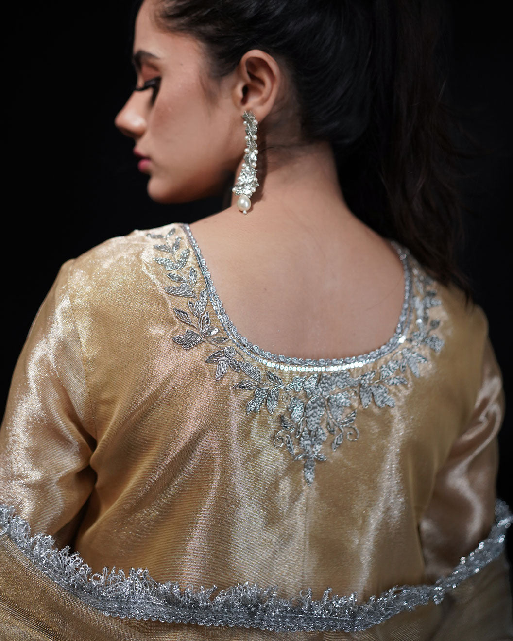 3 PIECE EMBROIDERED LAMA TISSUE SUIT - Golden