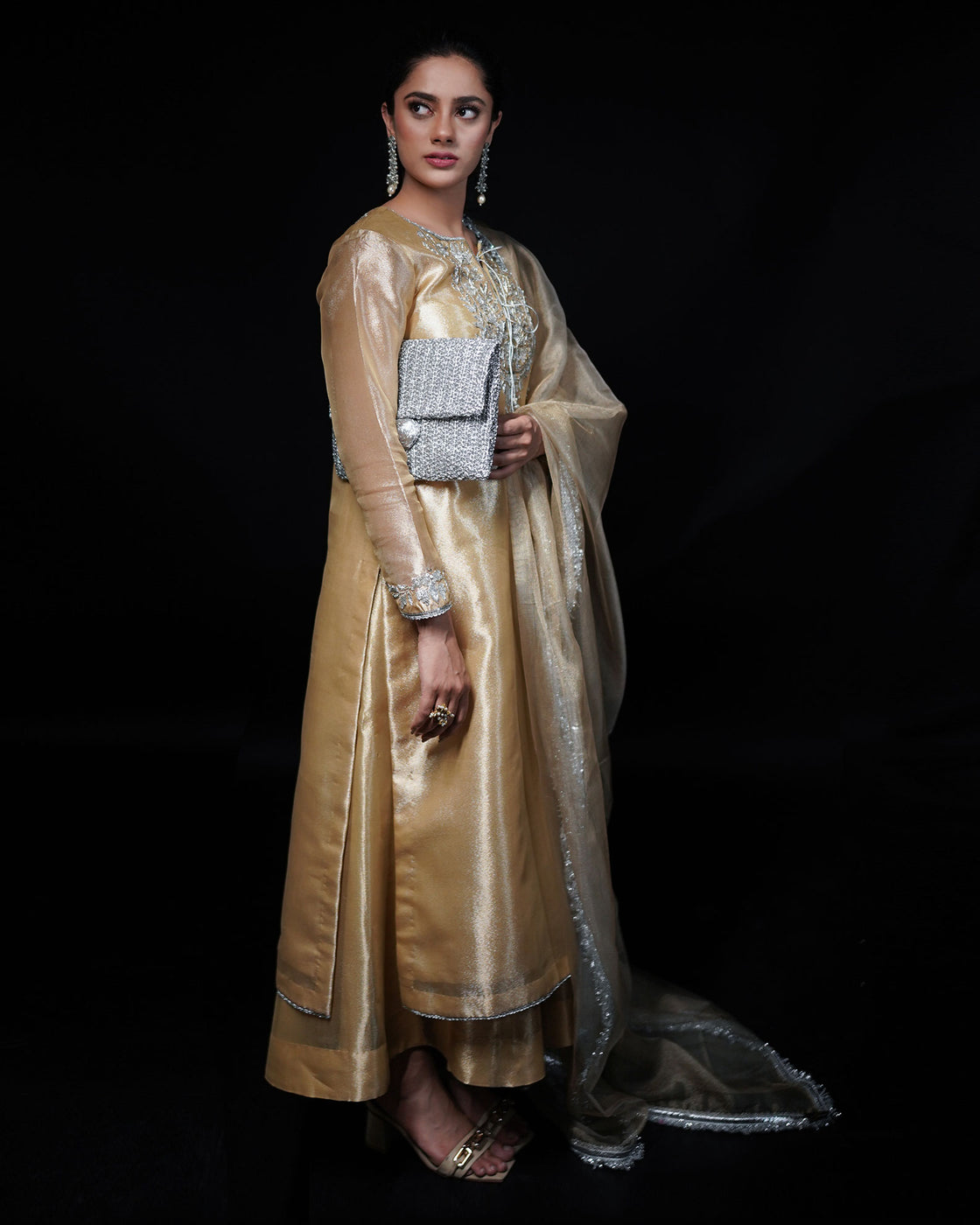 3 PIECE EMBROIDERED LAMA TISSUE SUIT - Golden