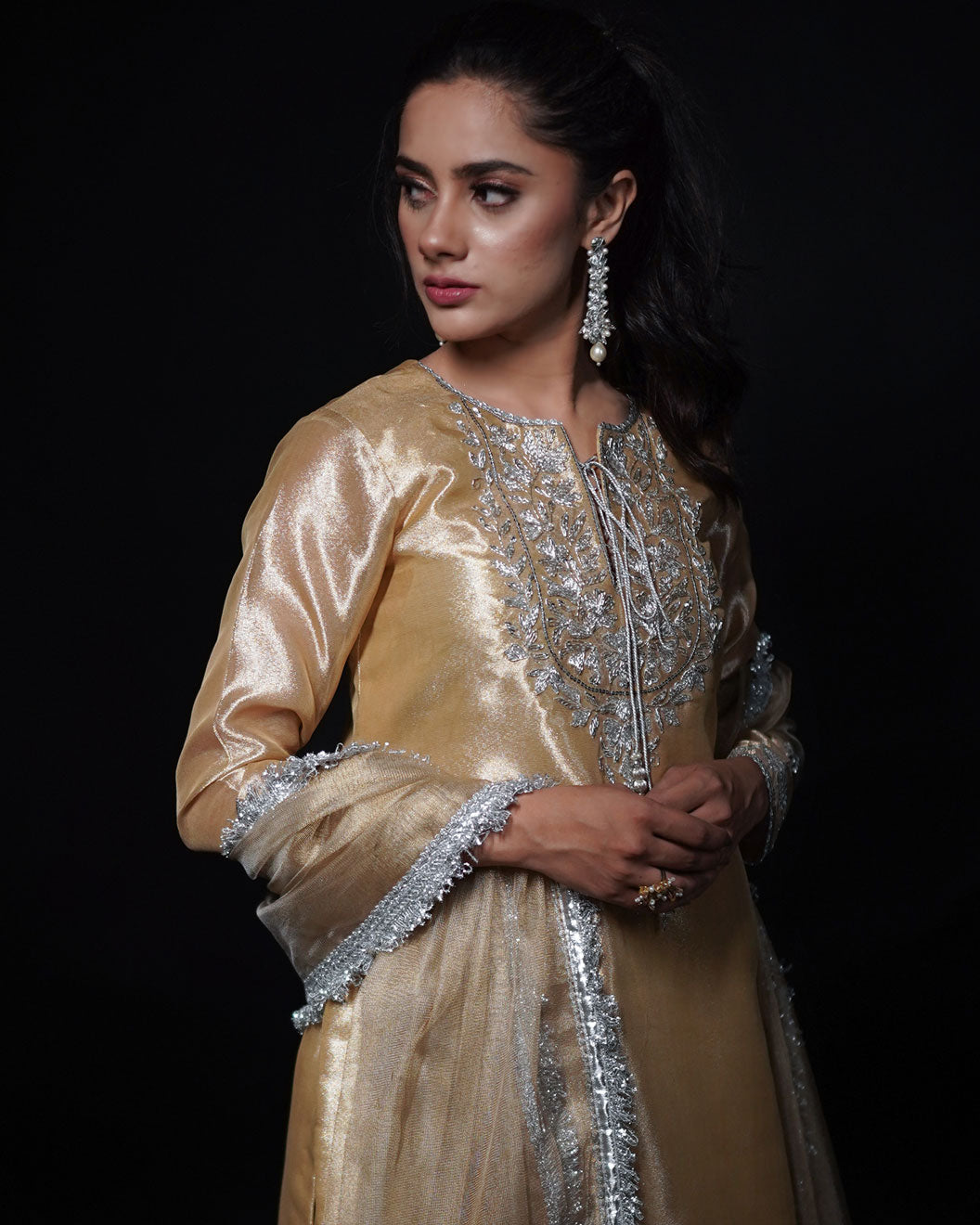 3 PIECE EMBROIDERED LAMA TISSUE SUIT - Golden