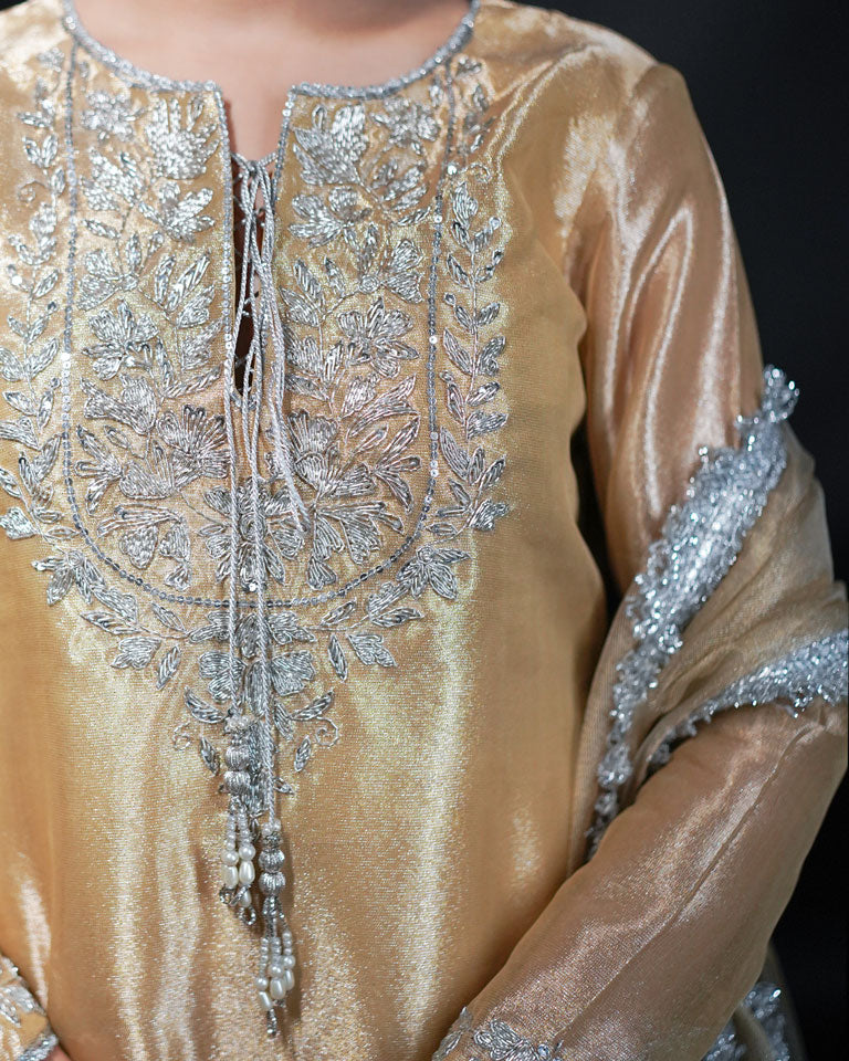 3 PIECE EMBROIDERED LAMA TISSUE SUIT - Golden