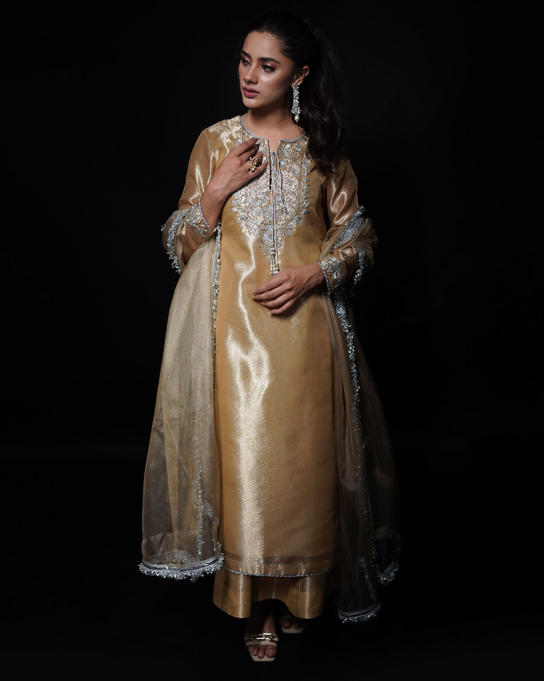 3 PIECE EMBROIDERED LAMA TISSUE SUIT - Golden