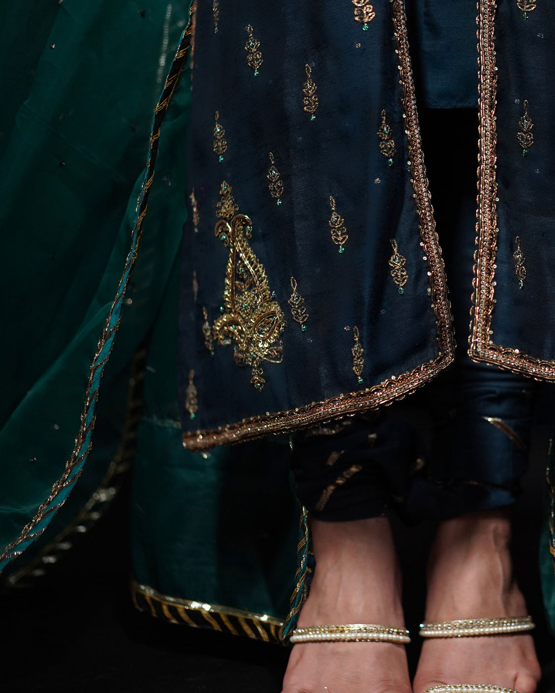 3 PIECE EMBROIDERED COTTON SILK SUIT - Navy Blue