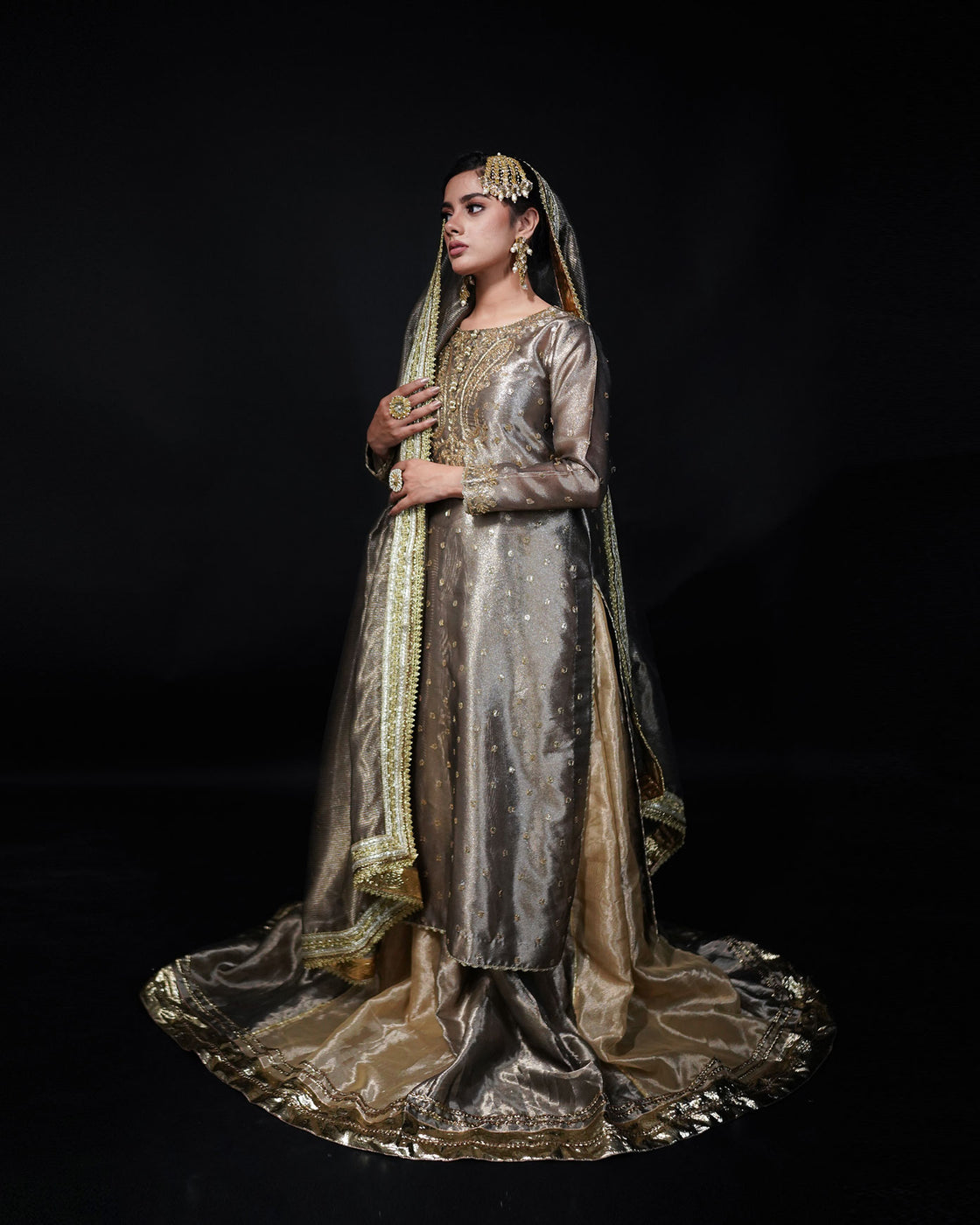 3 PIECE EMBROIDERED TISSUE LEHENGA- Grey
