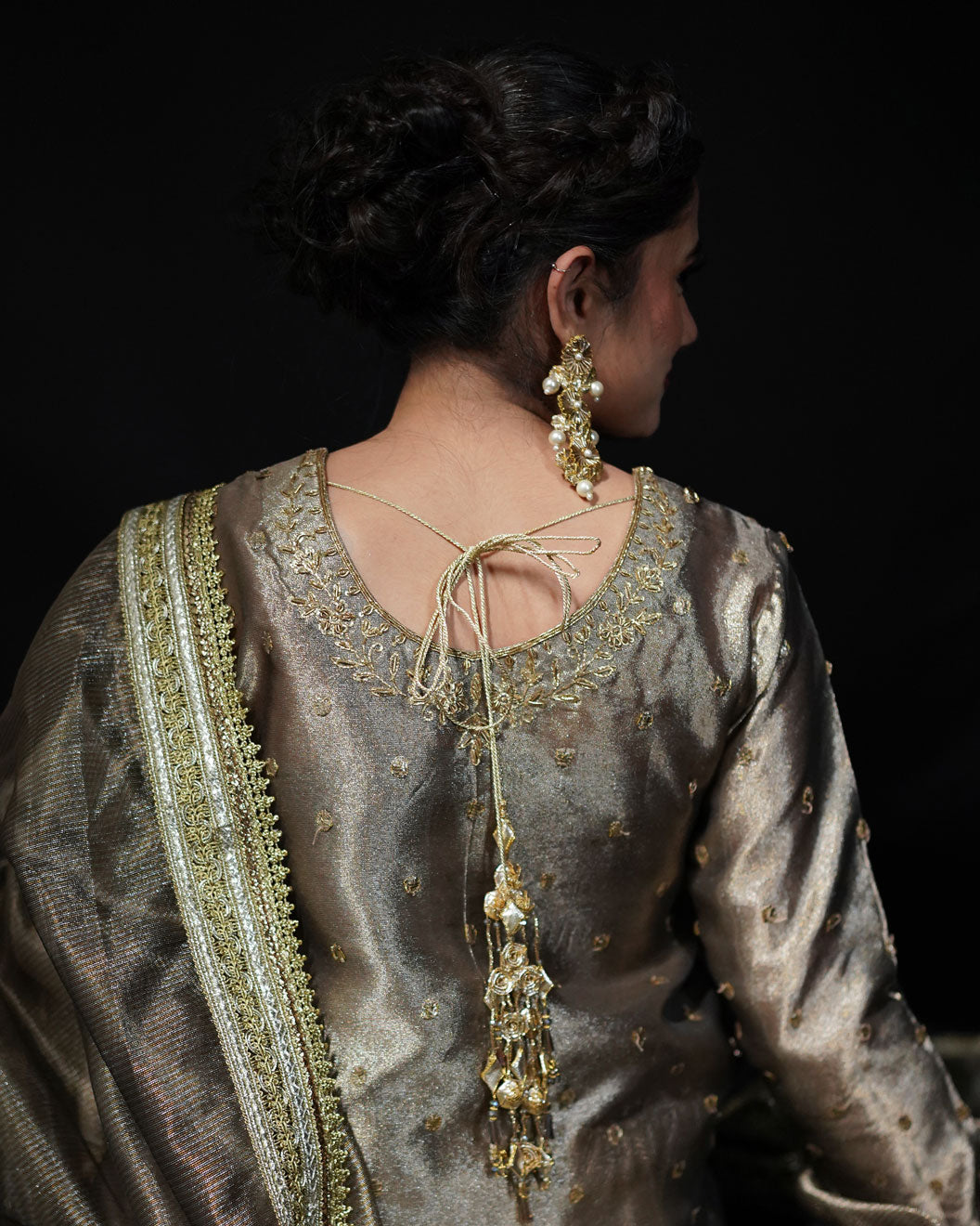 3 PIECE EMBROIDERED TISSUE LEHENGA- Grey
