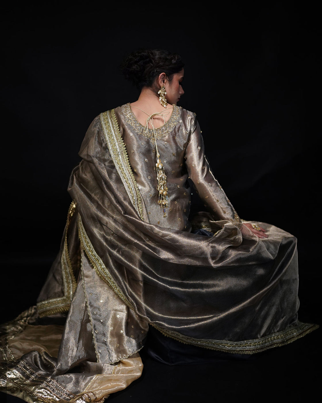 3 PIECE EMBROIDERED TISSUE LEHENGA- Grey