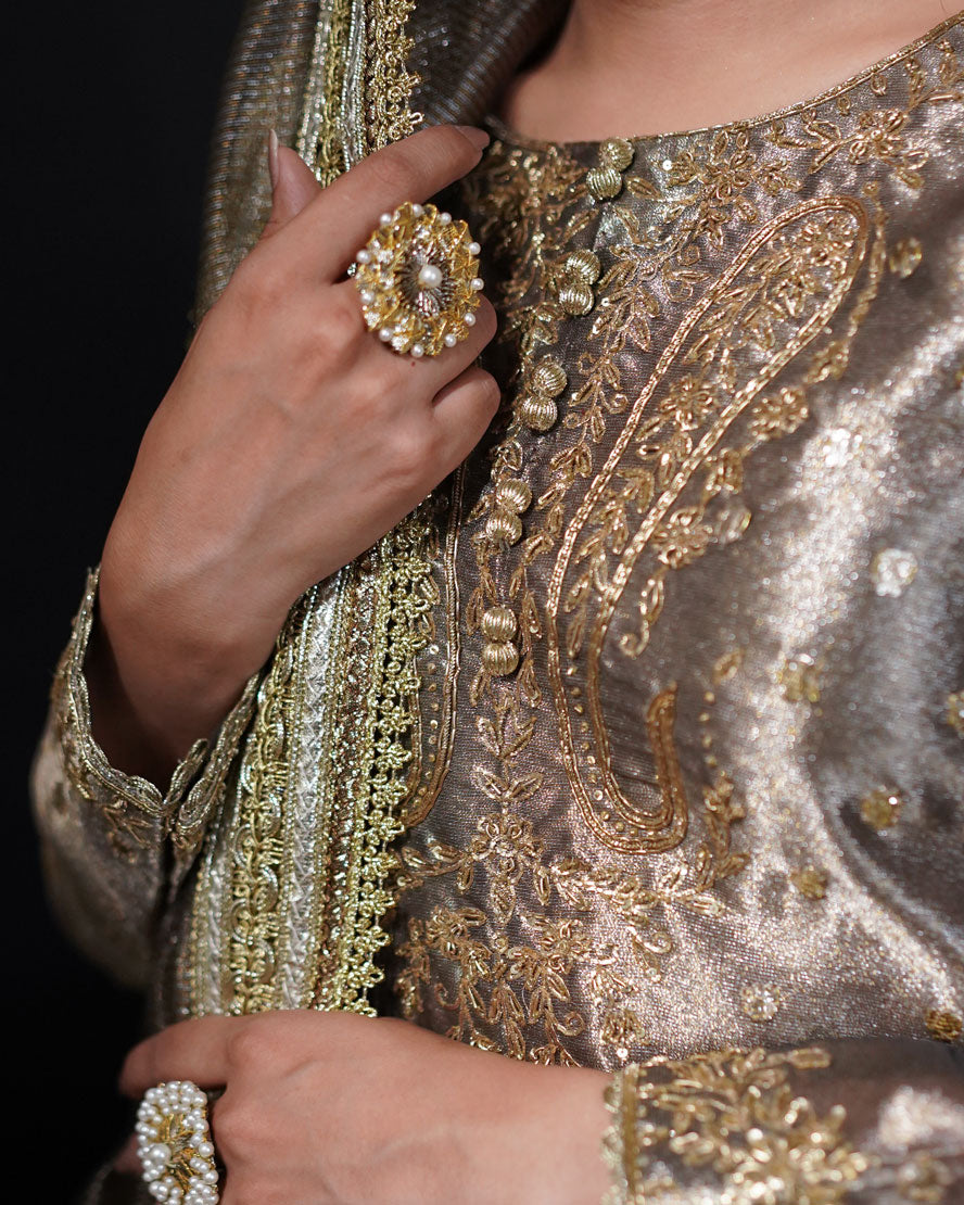 3 PIECE EMBROIDERED TISSUE LEHENGA- Grey