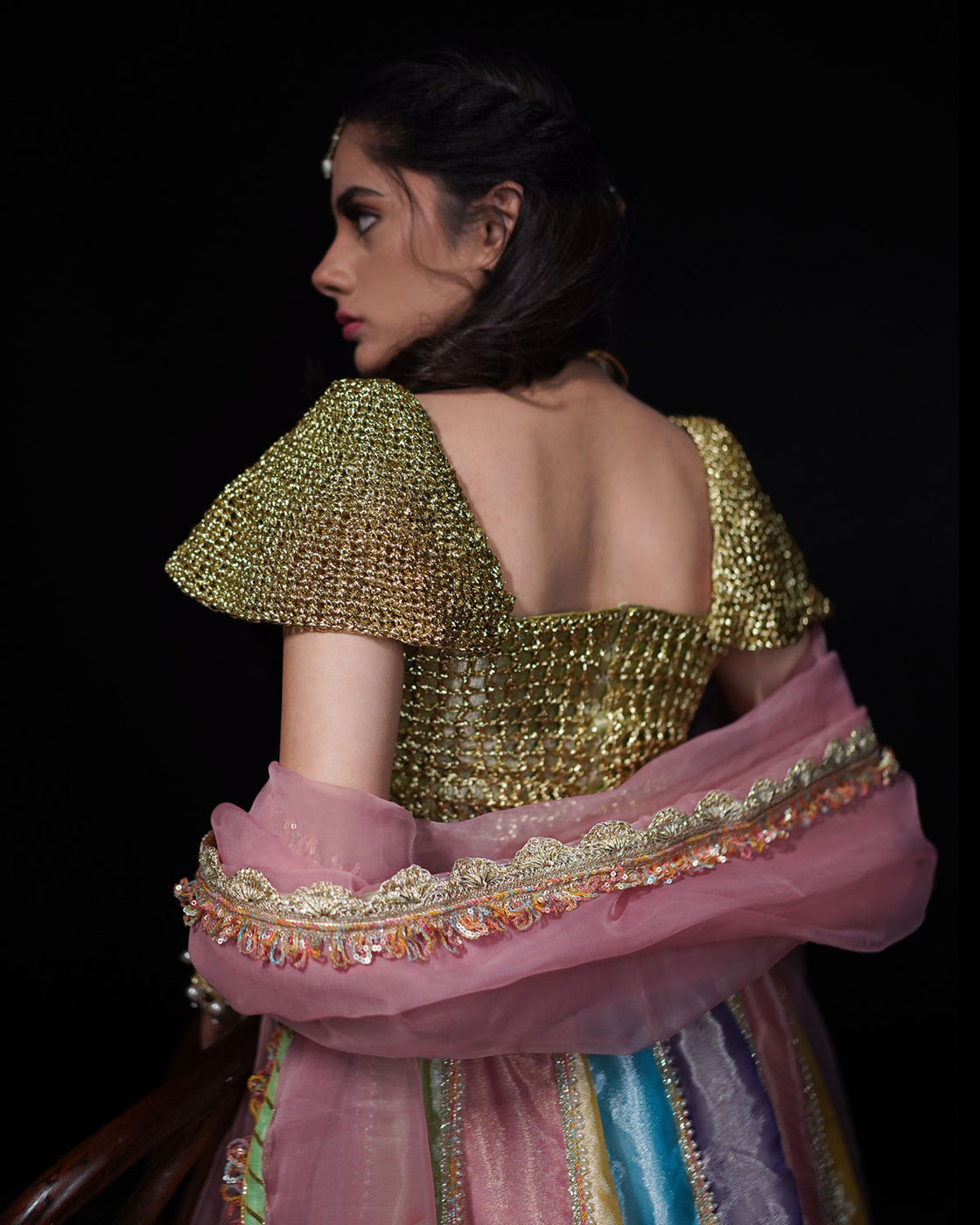 3 PIECE CROCHET TISSUE LEHENGA - Multi