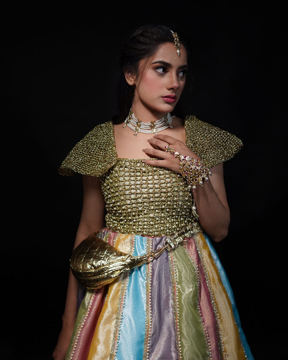3 PIECE CROCHET TISSUE LEHENGA - Multi