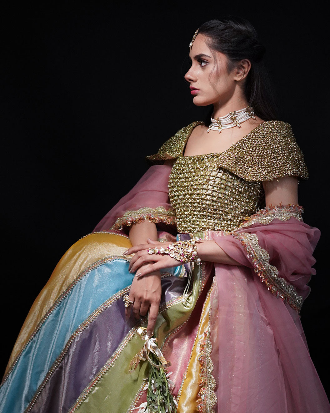 3 PIECE CROCHET TISSUE LEHENGA - Multi