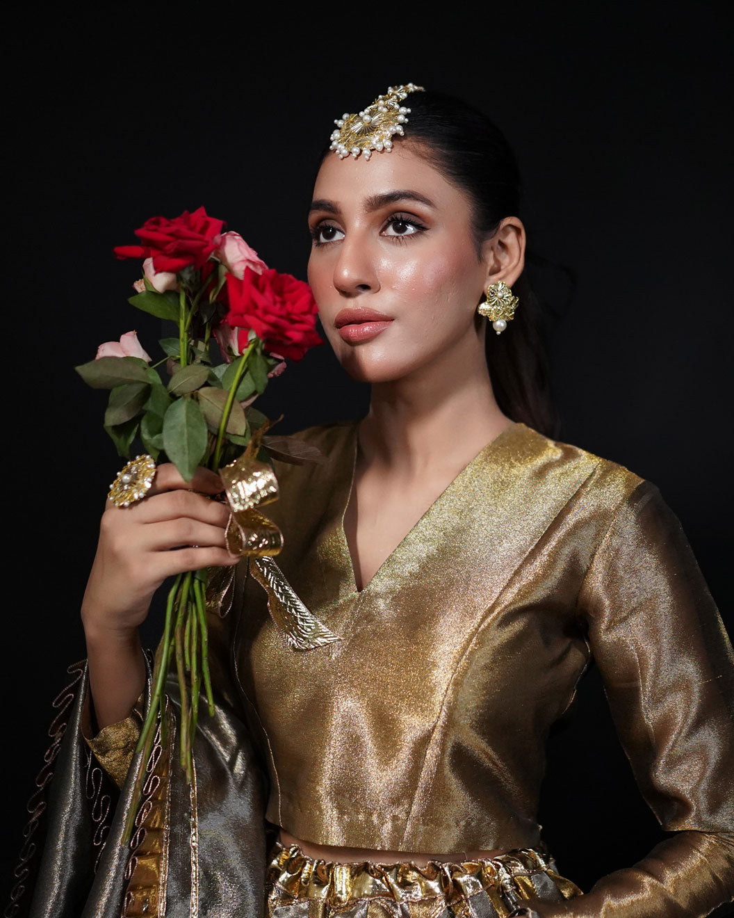 3 PIECE PATCHWORK TISSUE LEHENGA- Bronze