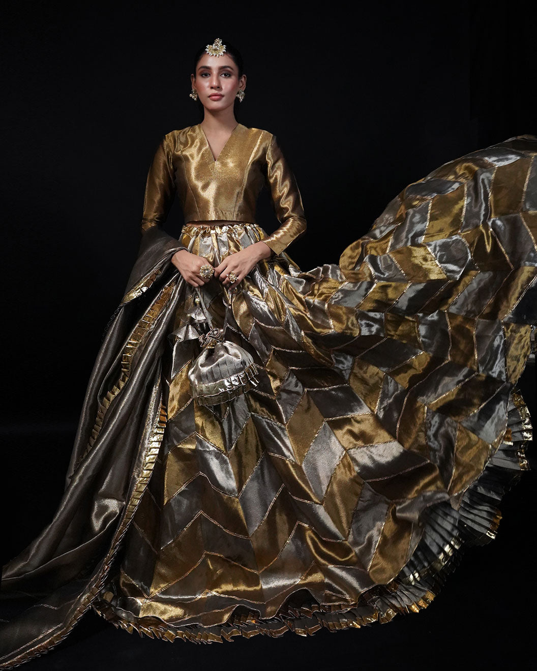 3 PIECE PATCHWORK TISSUE LEHENGA- Bronze