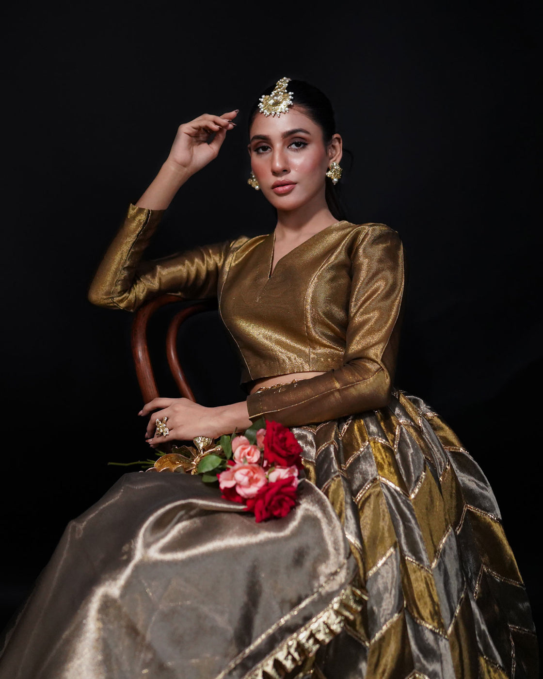 3 PIECE PATCHWORK TISSUE LEHENGA- Bronze