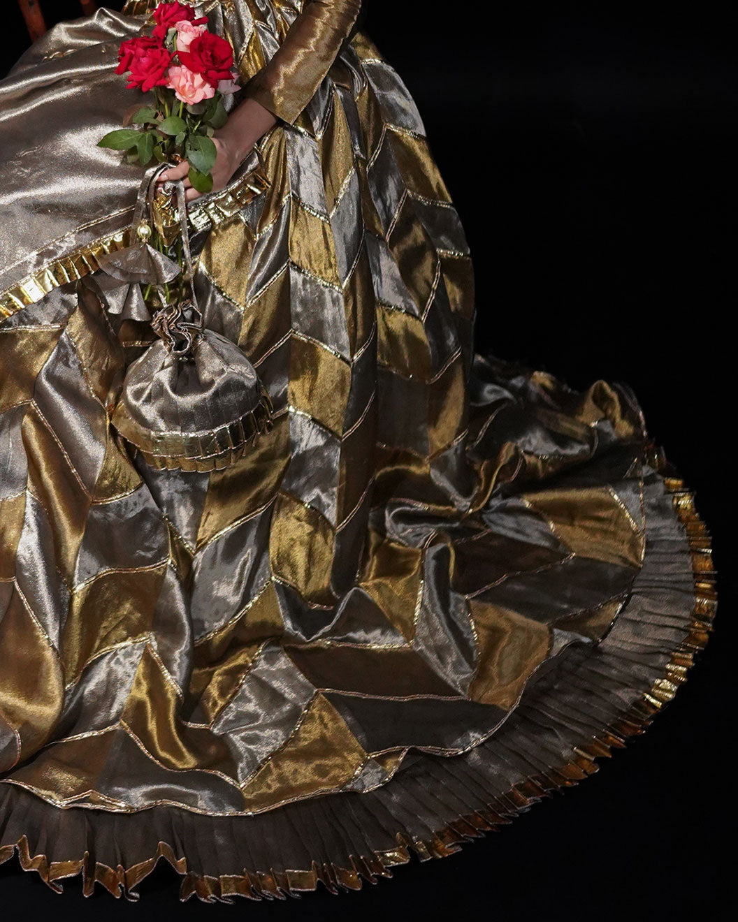 3 PIECE PATCHWORK TISSUE LEHENGA- Bronze