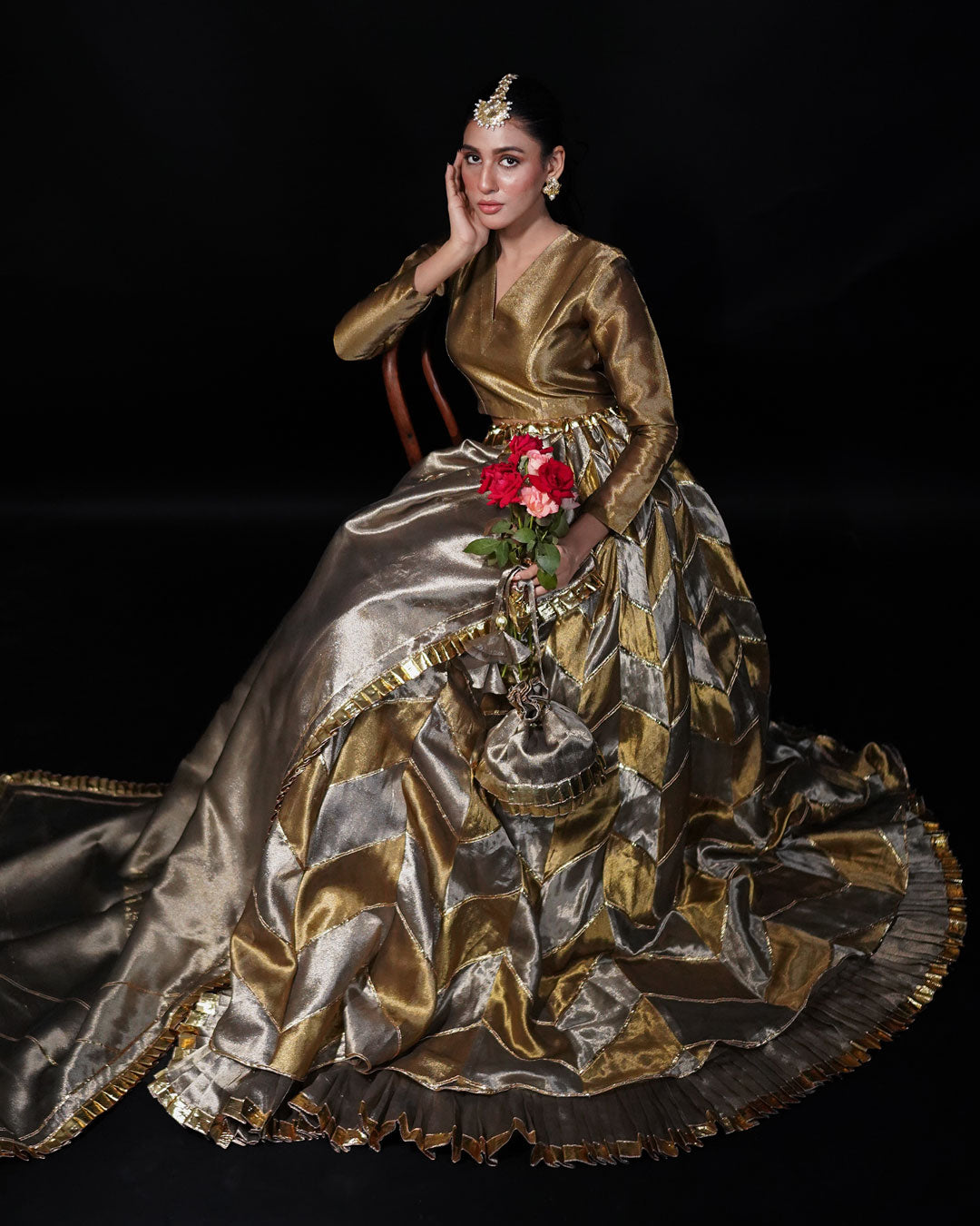 3 PIECE PATCHWORK TISSUE LEHENGA- Bronze
