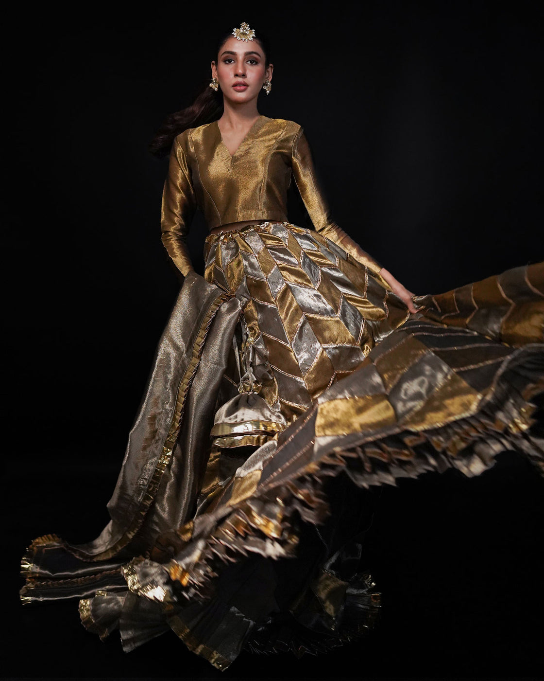 3 PIECE PATCHWORK TISSUE LEHENGA- Bronze