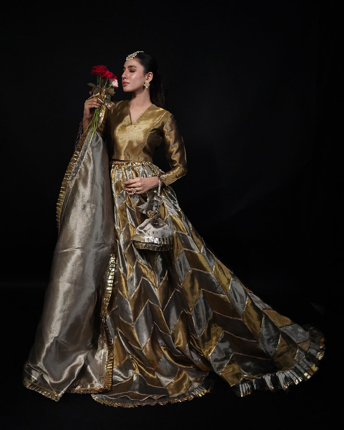 3 PIECE PATCHWORK TISSUE LEHENGA- Bronze