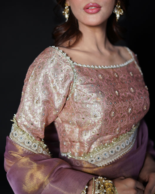 2 PIECE EMBROIDERED MESSURI SAREE - Pink