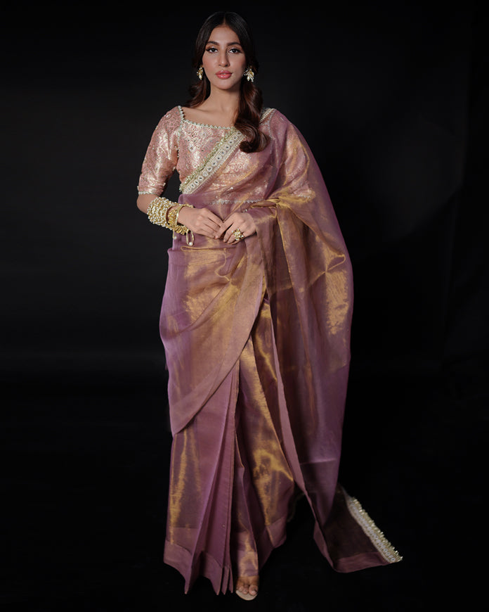 2 PIECE EMBROIDERED MESSURI SAREE - Pink